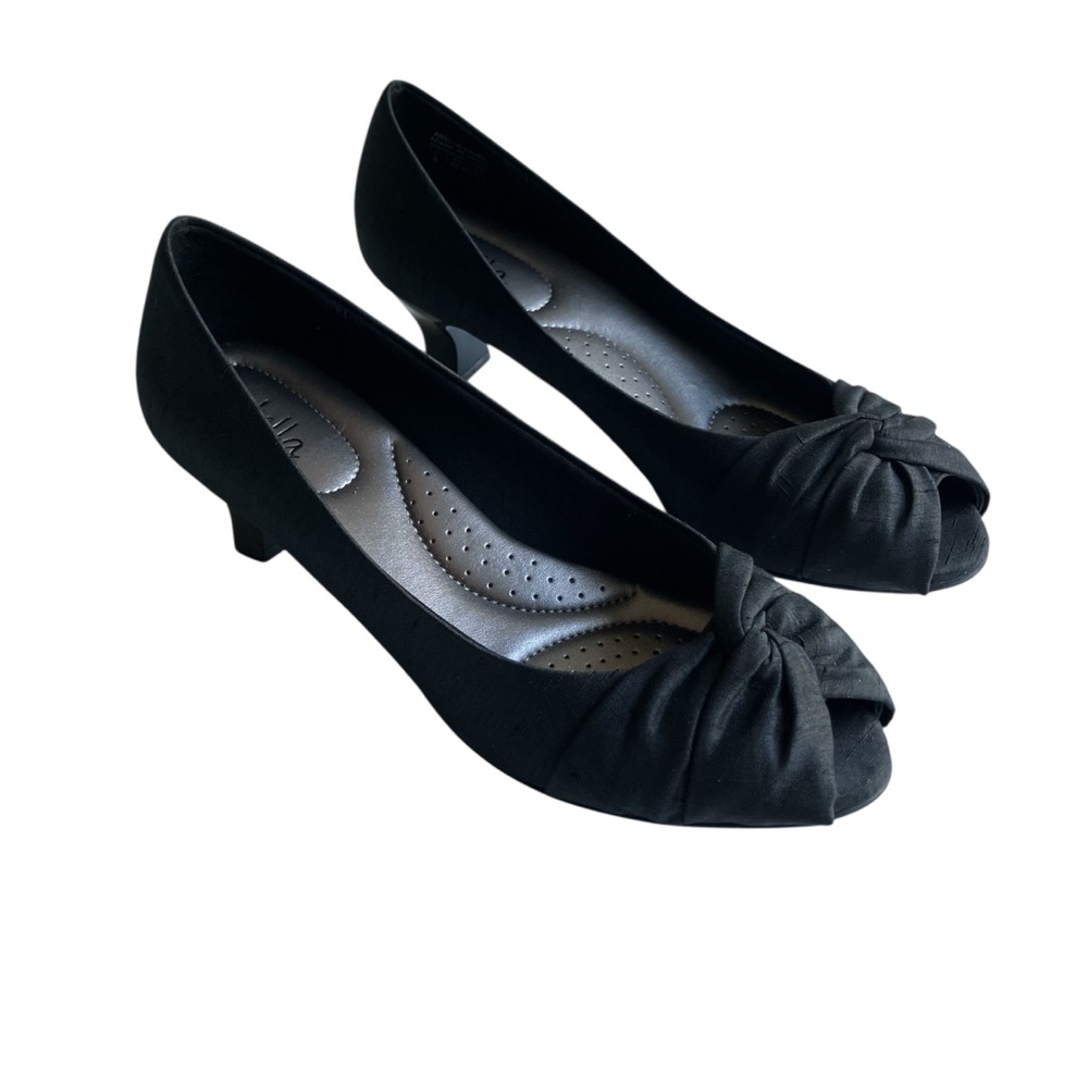 Abella Laura Black Peep Toe Pumps Size 8 Low Heels Knot Detail Court Office Work